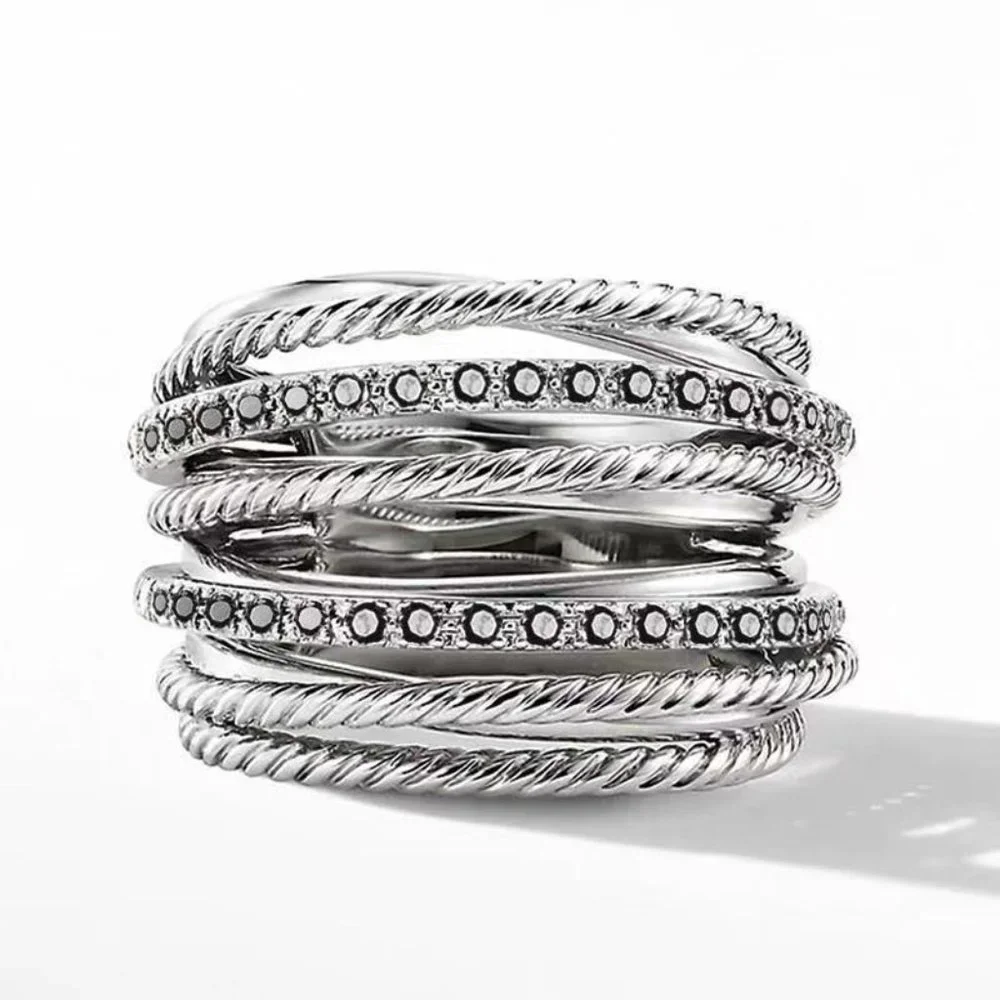Multi Layer Stacking Black Zircon Sterling Silver Plated Ring For Women L037 115$